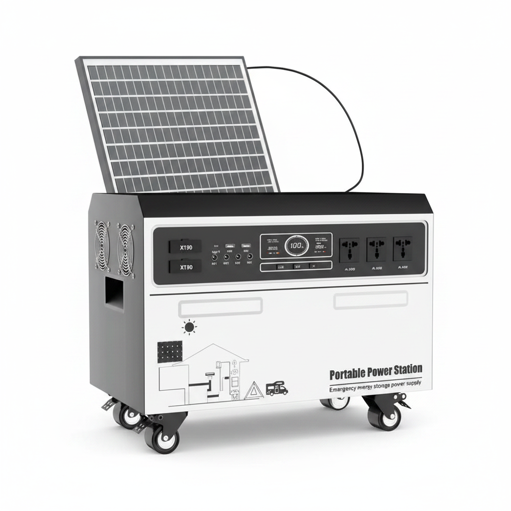 Large capacity portable power station on wheels with solar panel, LCD display and multiple AC outlets