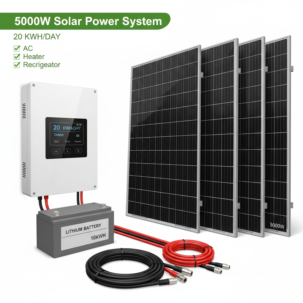 5000W solar power system with monocrystalline panels, hybrid inverter, battery and cables