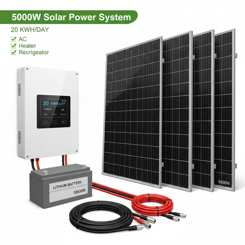 5000W solar power system with monocrystalline panels, hybrid inverter, battery and cables